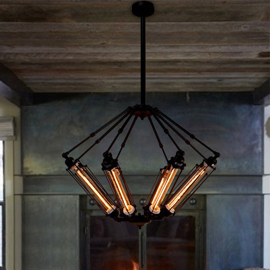 Industrial Metal Pendant Ceiling Lamp - 4-Light Indoor Chandelier Fixture With Tube Cage Design In