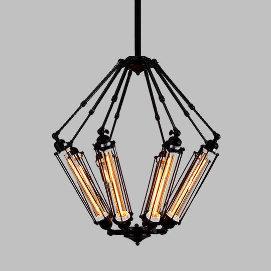 Industrial Metal Pendant Ceiling Lamp - 4-Light Indoor Chandelier Fixture With Tube Cage Design In