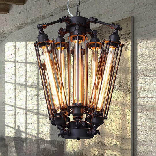 Vintage Iron Pendant Lighting - Wire Tubed Metal 8-Head Dining Room Light Fixture in Black