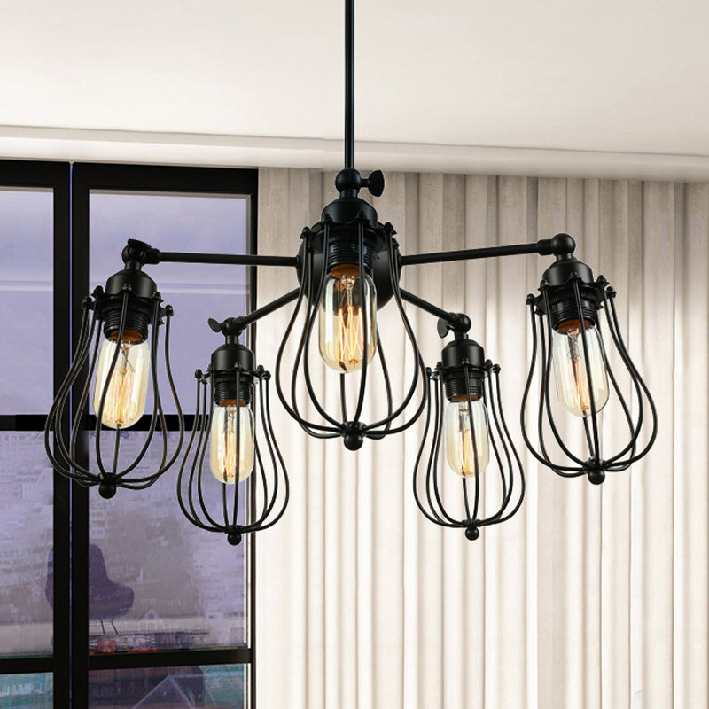 Farmhouse Wire Cage Iron Chandelier - 18/25.5 W 5-Light Ceiling Light Fixture In Black With Bulb