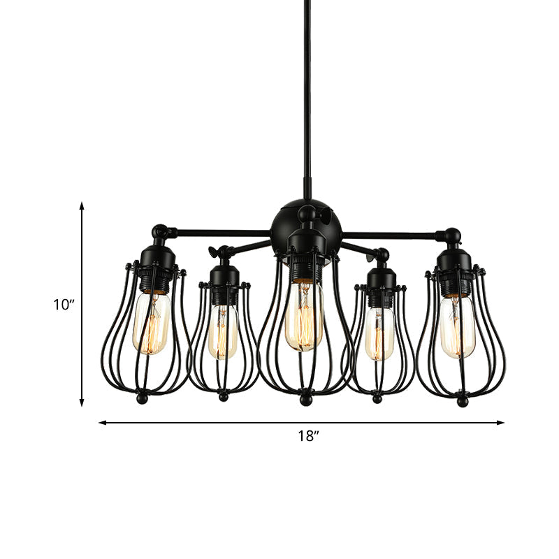 Farmhouse Wire Cage Iron Chandelier - 18/25.5 W 5-Light Ceiling Light Fixture In Black With Bulb