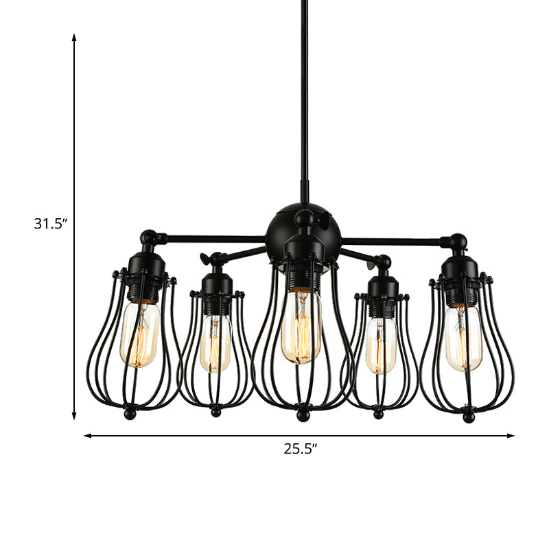 18"/25.5" W 5-Light Farmhouse Wire Cage Chandelier in Black - Ceiling Light Fixture