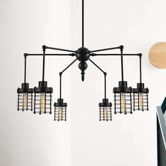 Adjustable Spider Iron Pendant Light Antique 6-Light Chandelier With Black Cylinder Cage Shade For