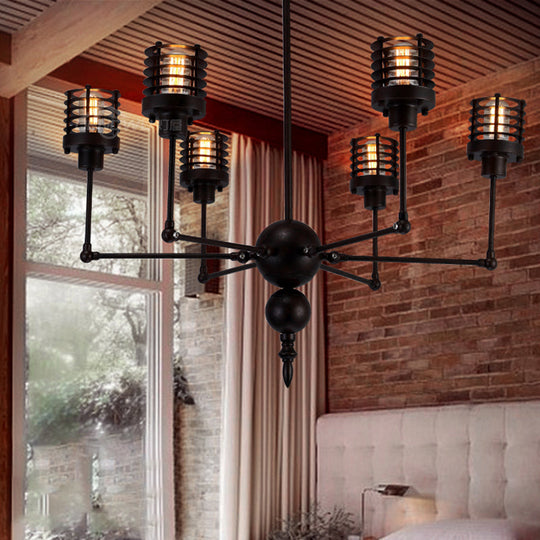 Spider Iron Pendant Light: Adjustable Antique 6-Light Chandelier with Cage Shade in Black - Perfect for Living Room