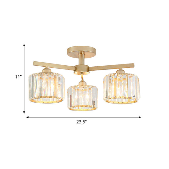 Nordic Crystal Semi Flush Mount Ceiling Light for Bedroom and Living Room - Cylindrical Shade, 3/5-Light, Champagne