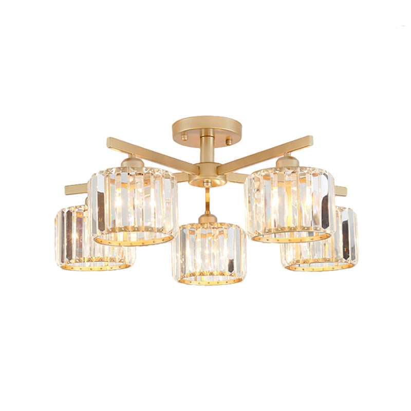 Nordic Crystal Semi Flush Mount Ceiling Light for Bedroom and Living Room - Cylindrical Shade, 3/5-Light, Champagne