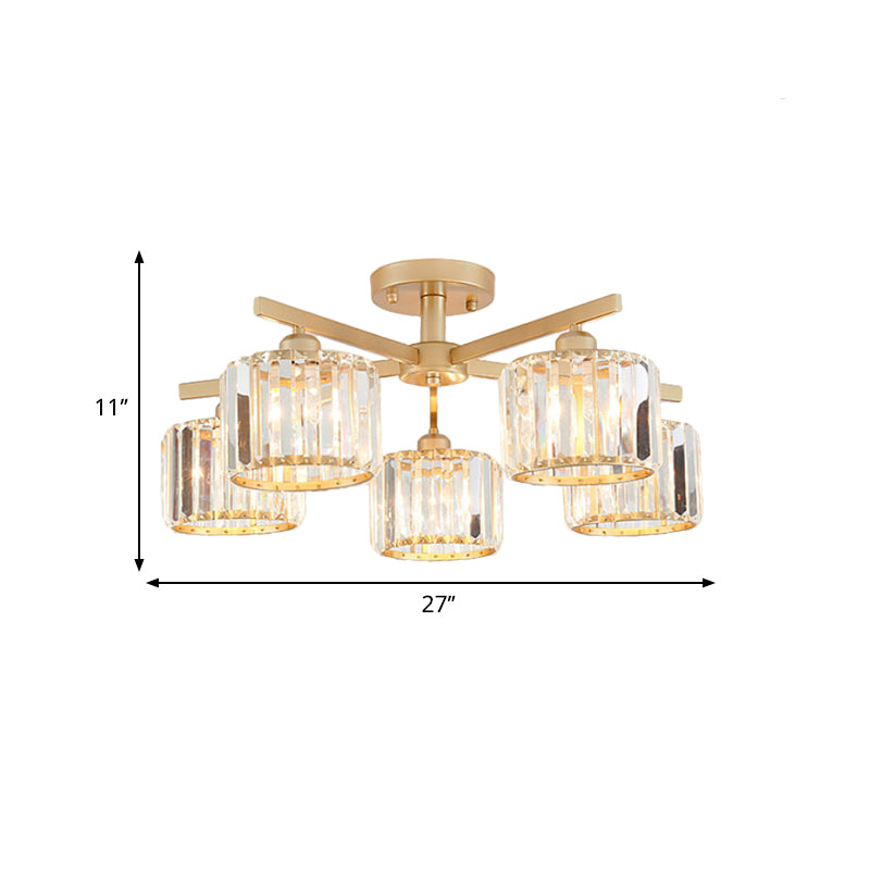 Nordic Crystal Semi Flush Mount Ceiling Light for Bedroom and Living Room - Cylindrical Shade, 3/5-Light, Champagne