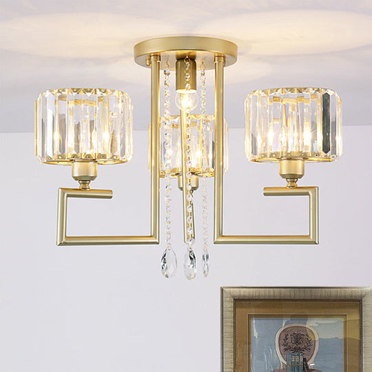 Stylish Flush Mount Chandelier with Crystal Shade & 3/6 Lights in Gold Finish