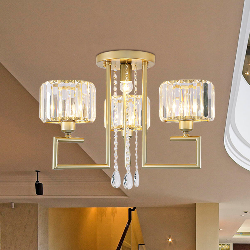 Stylish Flush Mount Chandelier with Crystal Shade & 3/6 Lights in Gold Finish