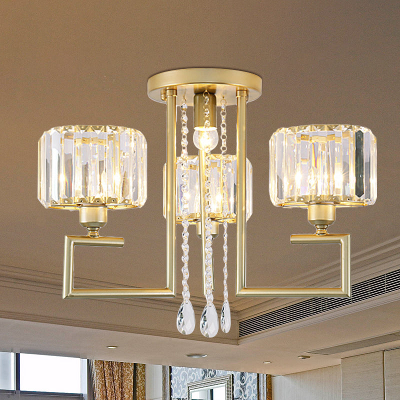 Stylish Flush Mount Chandelier with Crystal Shade & 3/6 Lights in Gold Finish