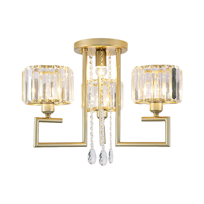 Stylish Flush Mount Chandelier with Crystal Shade & 3/6 Lights in Gold Finish