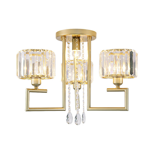 Stylish Flush Mount Chandelier With Crystal Shade & 3/6 Lights In Gold Finish