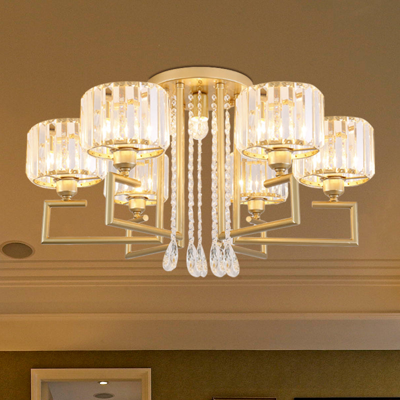 Stylish Flush Mount Chandelier with Crystal Shade & 3/6 Lights in Gold Finish