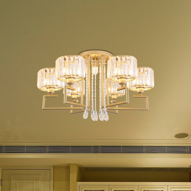 Stylish Flush Mount Chandelier with Crystal Shade & 3/6 Lights in Gold Finish