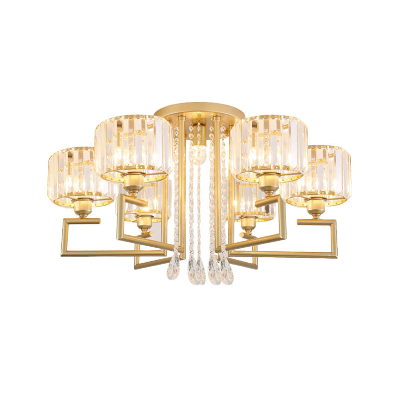 Stylish Flush Mount Chandelier with Crystal Shade & 3/6 Lights in Gold Finish