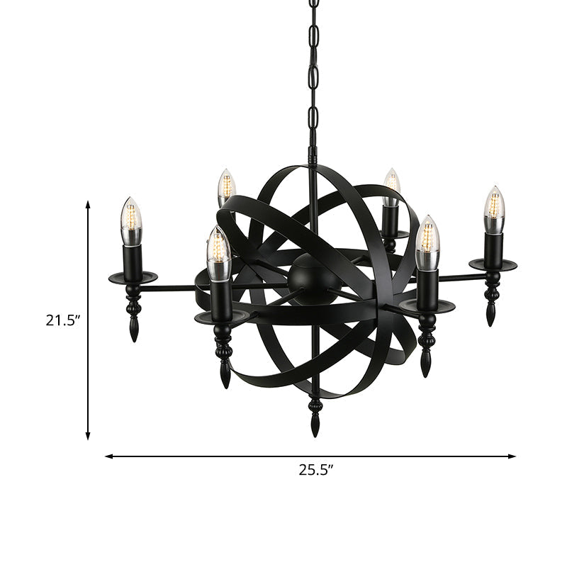 Vintage Style Metal Pendant Light with Candle Design - Orbit Cage Indoor Chandelier (6/8 Lights) in Black/Rust