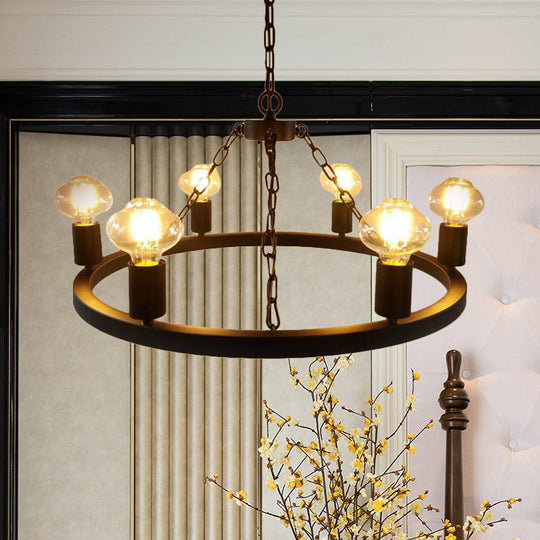 Farmhouse Ring Chandelier Lamp: Exposed Bulb 6 Metallic Bulbs Black Ceiling Lighting For Living Room