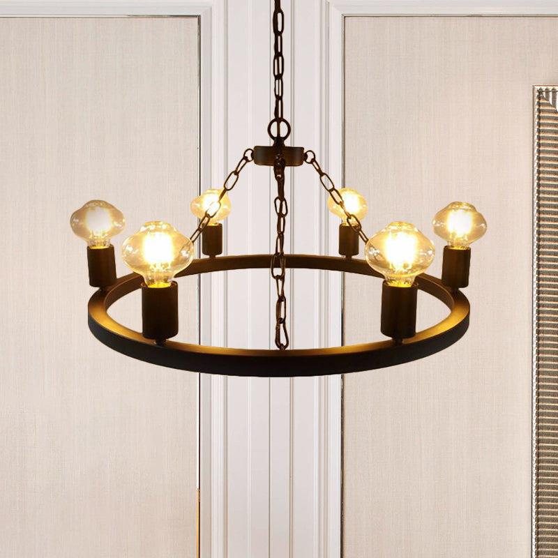 Farmhouse 6-Bulb Ring Chandelier Lamp in Black - Exposed Bulb Metallic Ceiling Lighting for Living Room