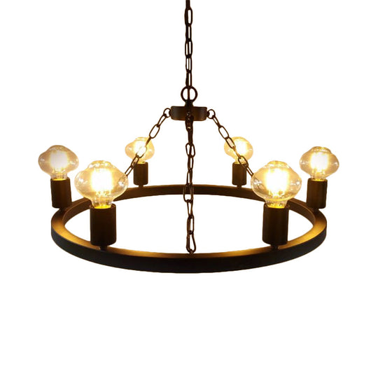 Farmhouse 6-Bulb Ring Chandelier Lamp in Black - Exposed Bulb Metallic Ceiling Lighting for Living Room