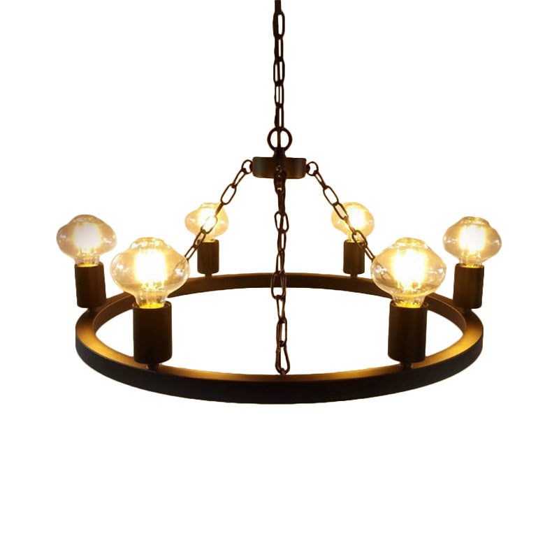 Farmhouse Ring Chandelier Lamp: Exposed Bulb 6 Metallic Bulbs Black Ceiling Lighting For Living Room