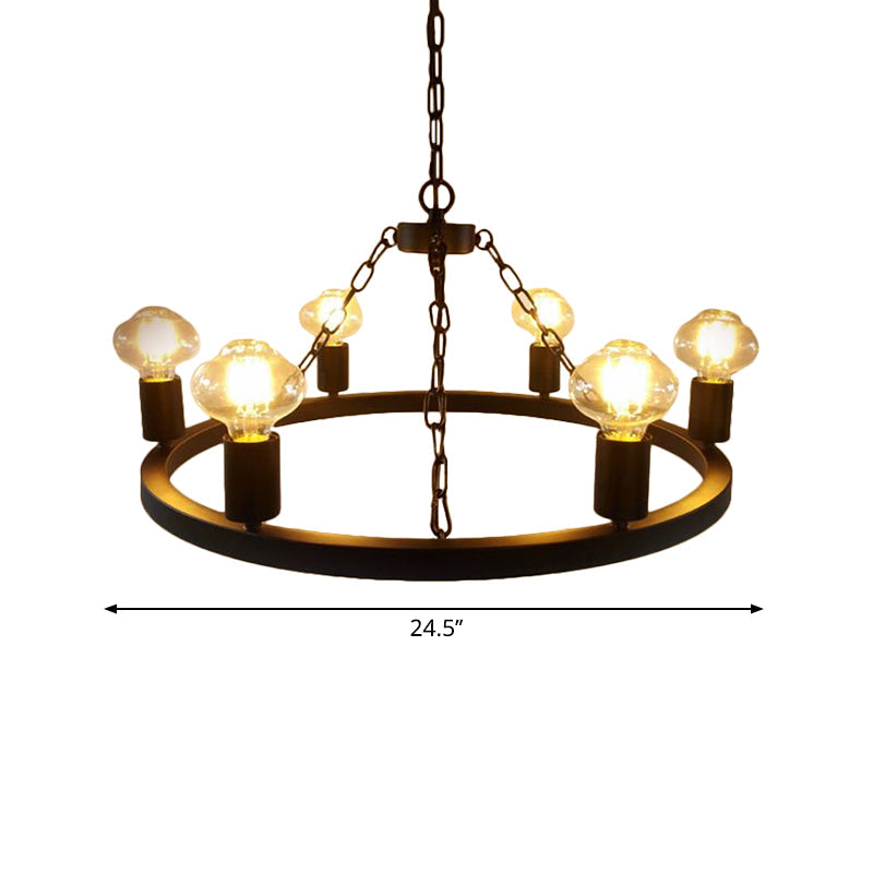 Farmhouse 6-Bulb Ring Chandelier Lamp in Black - Exposed Bulb Metallic Ceiling Lighting for Living Room