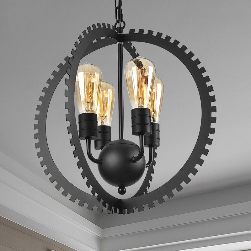 Rustic Industrial Circle Frame Chandelier Light Fixture w/ 4 Heads, Black/Rust Iron, Gear Design