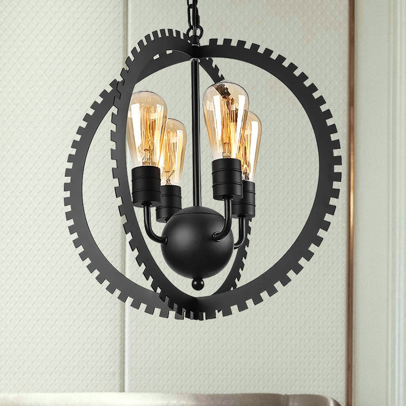 Rustic Industrial Circle Frame Chandelier Light Fixture w/ 4 Heads, Black/Rust Iron, Gear Design