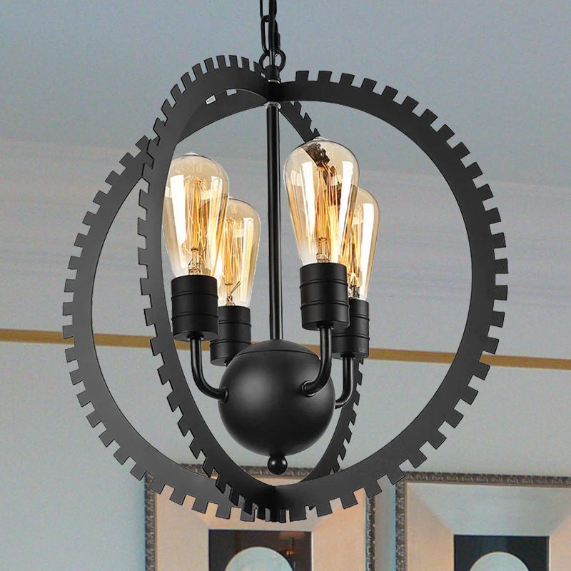 Rustic Industrial Circle Frame Chandelier With 4 Heads Gear Design Black/Rust Iron Ceiling Lighting