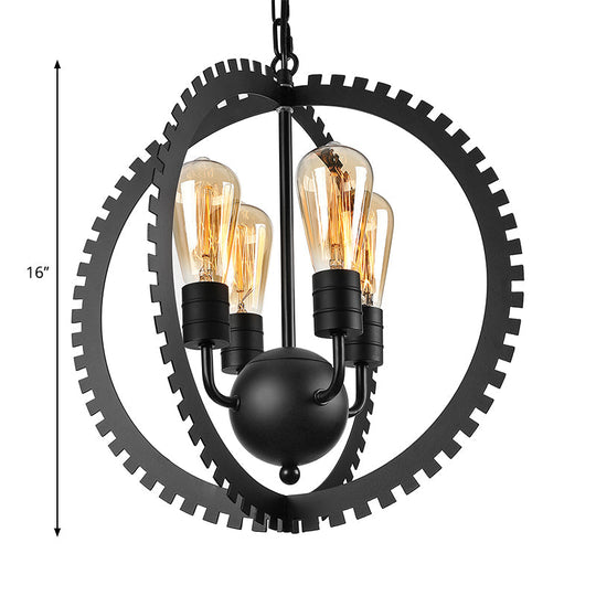 Rustic Industrial Circle Frame Chandelier With 4 Heads Gear Design Black/Rust Iron Ceiling Lighting