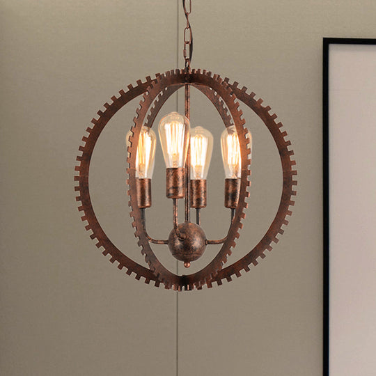 Rustic Industrial Circle Frame Chandelier Light Fixture w/ 4 Heads, Black/Rust Iron, Gear Design