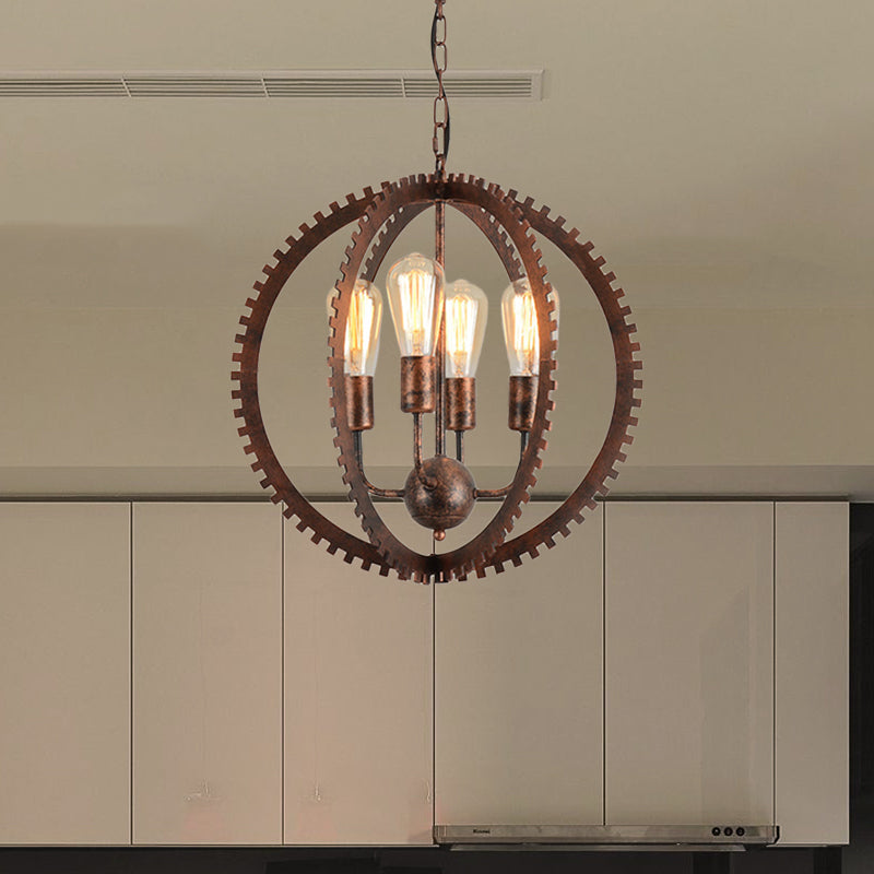 Rustic Industrial Circle Frame Chandelier Light Fixture w/ 4 Heads, Black/Rust Iron, Gear Design