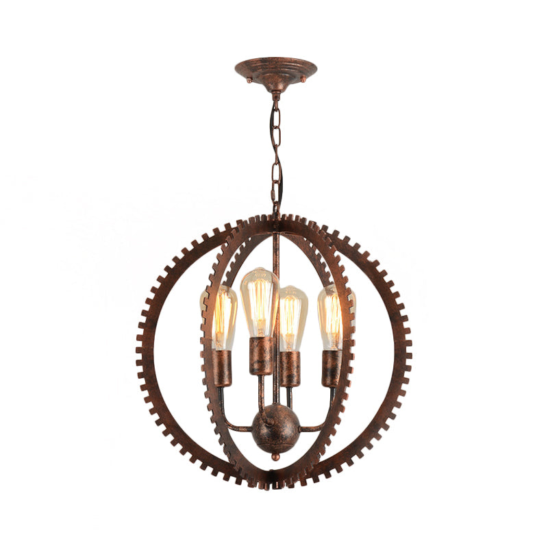 Rustic Industrial Circle Frame Chandelier Light Fixture w/ 4 Heads, Black/Rust Iron, Gear Design