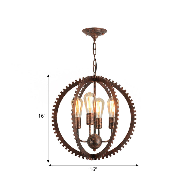 Rustic Industrial Circle Frame Chandelier Light Fixture w/ 4 Heads, Black/Rust Iron, Gear Design