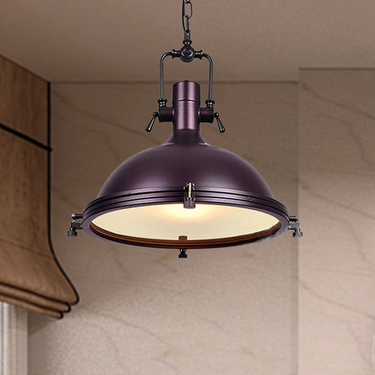 Industrial Dome Hanging Lamp with Frosted Diffuser, 1 Light Metal Ceiling Light in Black/White/Purple for Dining Room