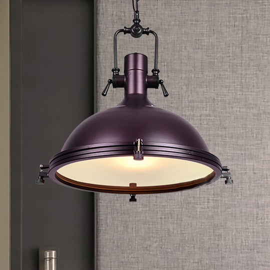 Industrial Dome Hanging Lamp with Frosted Diffuser, 1 Light Metal Ceiling Light in Black/White/Purple for Dining Room