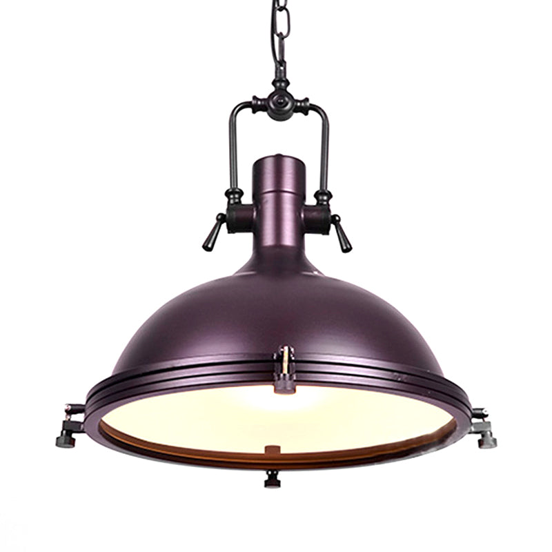 Industrial Dome Hanging Lamp with Frosted Diffuser, 1 Light Metal Ceiling Light in Black/White/Purple for Dining Room