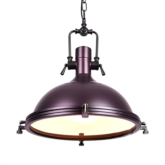 Industrial Dome Hanging Lamp with Frosted Diffuser, 1 Light Metal Ceiling Light in Black/White/Purple for Dining Room