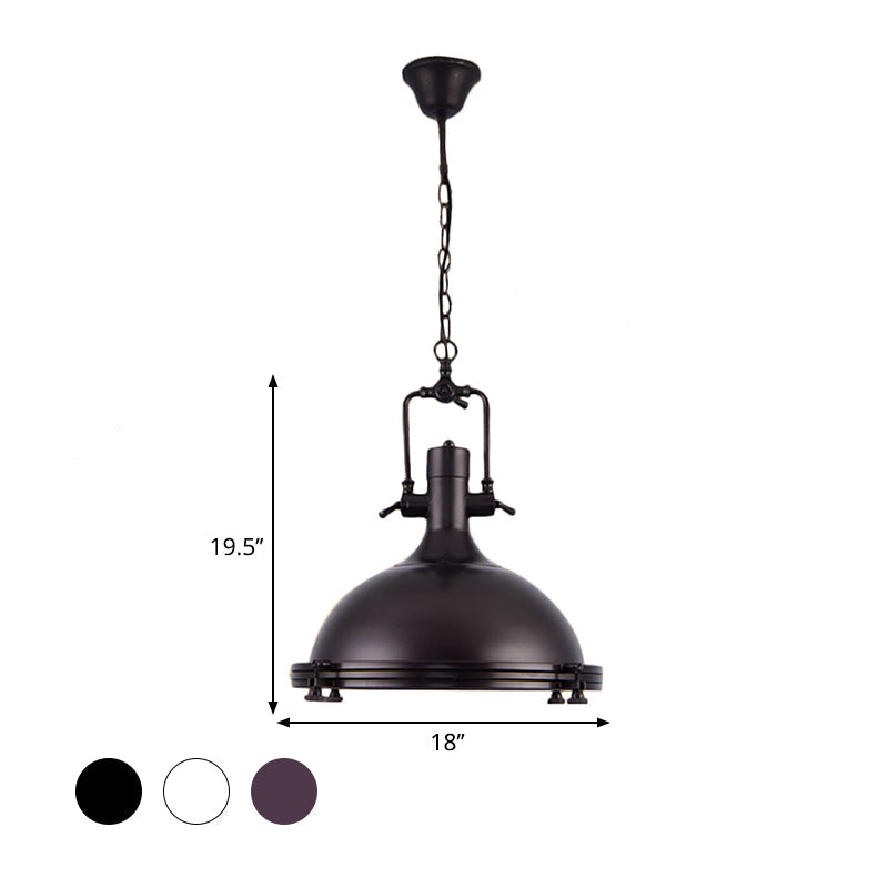 Industrial Dome Hanging Lamp with Frosted Diffuser, 1 Light Metal Ceiling Light in Black/White/Purple for Dining Room