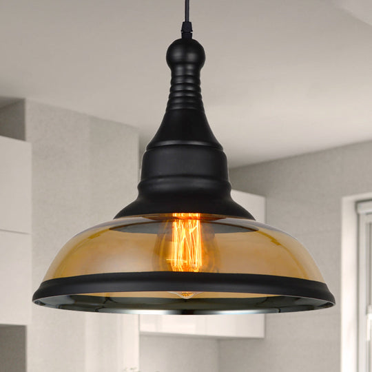 Industrial Dome Pendant Light with Amber Glass Shade - Black Ceiling Hanging Fixture