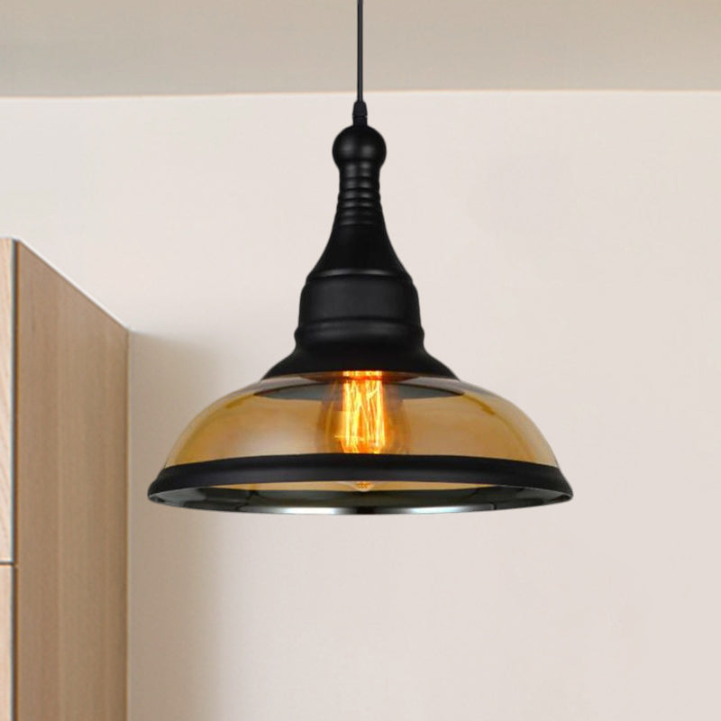 Industrial Dome Pendant Light with Amber Glass Shade - Black Ceiling Hanging Fixture