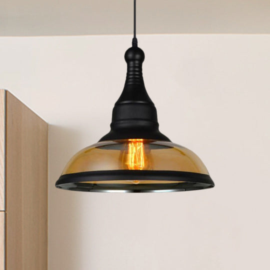 Industrial Dome Shade Pendant Light With Amber Glass - Black Finish