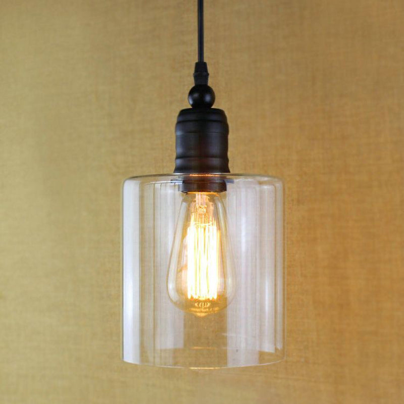 Industrial Clear Glass Pendant Light For Coffee Shops - Black Cylinder Design