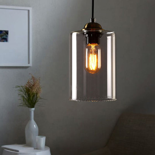 Industrial Clear Glass Ceiling Light Pendant - Black Cylinder Design for Coffee Shops