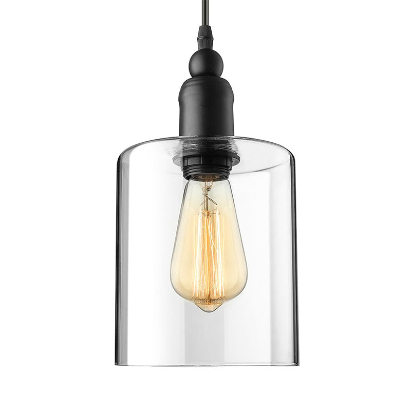 Industrial Clear Glass Ceiling Light Pendant - Black Cylinder Design for Coffee Shops