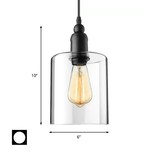 Industrial Clear Glass Ceiling Light Pendant - Black Cylinder Design for Coffee Shops