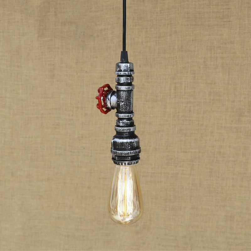 Rustic Pipe Hanging Lamp 1-Bulb Wrought Iron Light Fixture With Red Valve In Black/Silver/Brass