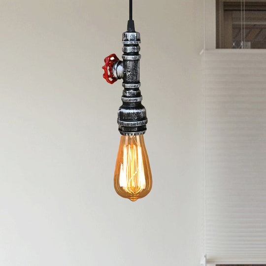 Rustic Pipe Hanging Lamp: Farmhouse Style Wrought Iron Light Fixture with Red Valve - Black/Silver/Brass