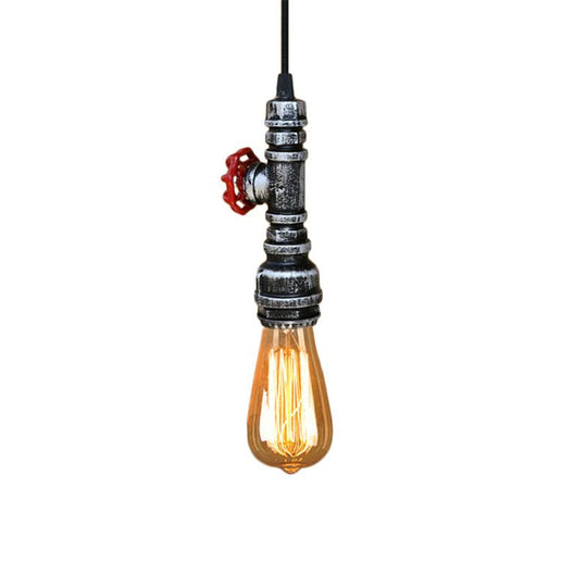 Rustic Pipe Hanging Lamp: Farmhouse Style Wrought Iron Light Fixture with Red Valve - Black/Silver/Brass