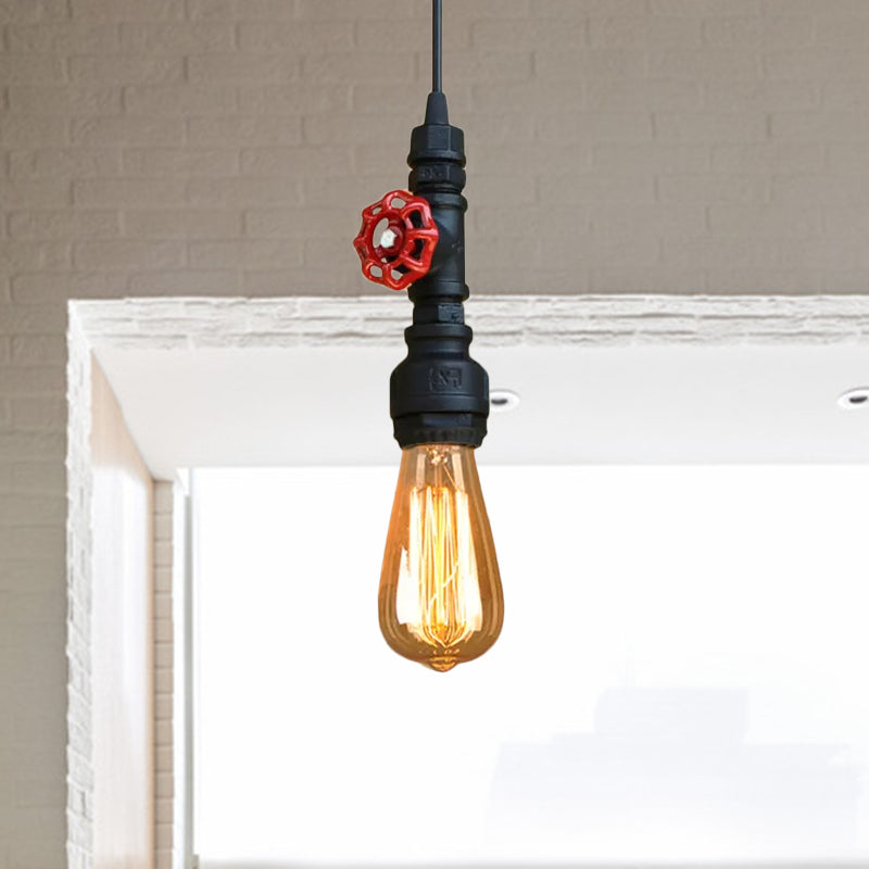 Rustic Pipe Hanging Lamp 1-Bulb Wrought Iron Light Fixture With Red Valve In Black/Silver/Brass