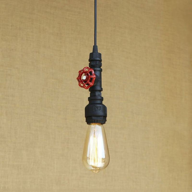 Rustic Pipe Hanging Lamp: Farmhouse Style Wrought Iron Light Fixture with Red Valve - Black/Silver/Brass